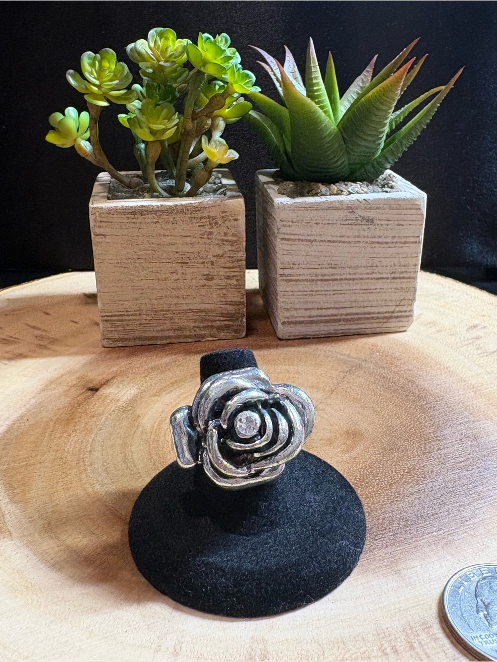 Vintage Silver Rose Cocktail Ring with Clear Center Stone